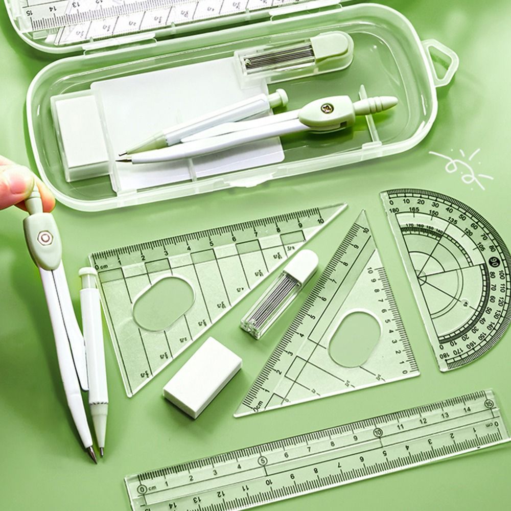 Ruler Set Transparent - 8-częściowy zestaw: plastikowa linijka, cyrkiel, gumka,
