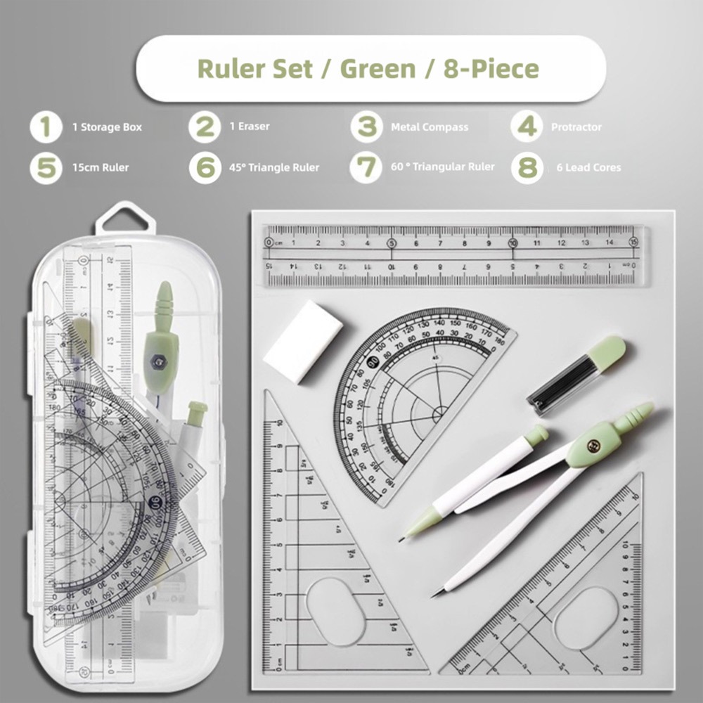 Ruler Set Transparent - Zestaw 8 szt. plastikowych linijek, cyrkiel,